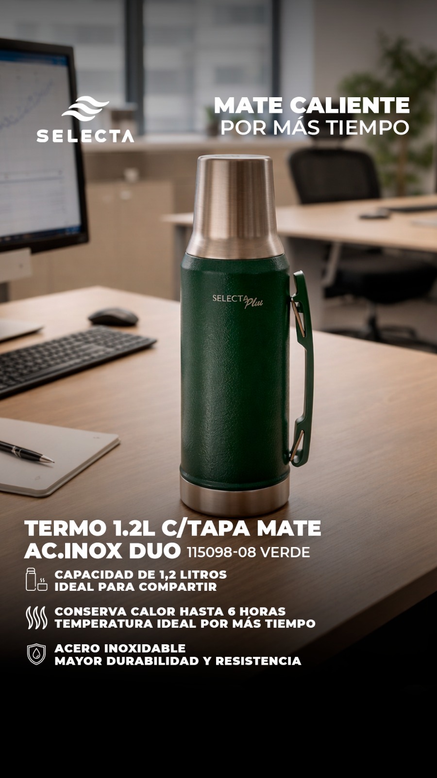TERMO 1.2L C/TAPA MATE AC.INOX DUO VERDE
