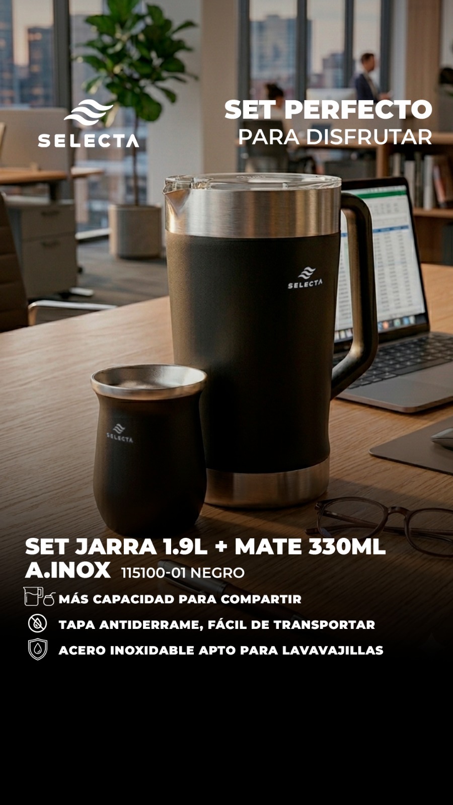 SET JARRA 1.9L + MATE 330ML A.INOX NEGRO SELECTA