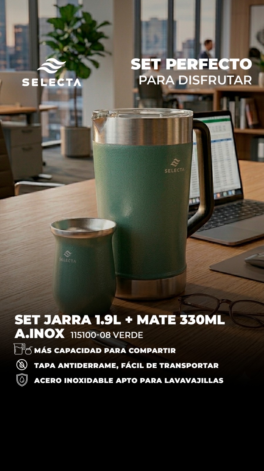 SET JARRA 1.9L + MATE 330ML A.INOX VERDE SELECTA
