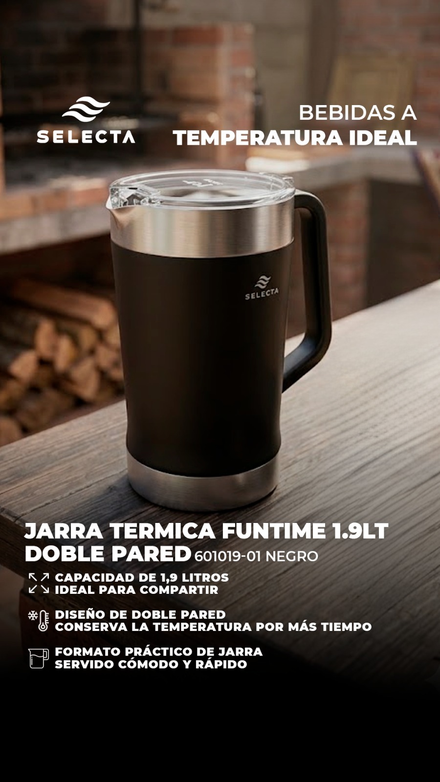 JARRA TERMICA FUNTIME 1.9LT DOBLE PARED NEGRO