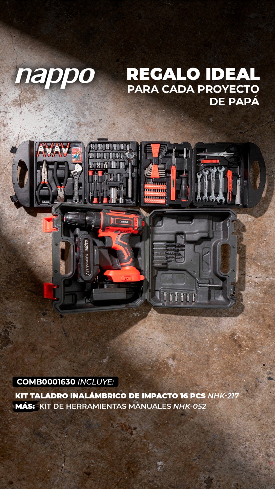 Kit Taladro Inalambrico de Impacto 16 pcs + Kit de Herramientas Manuales